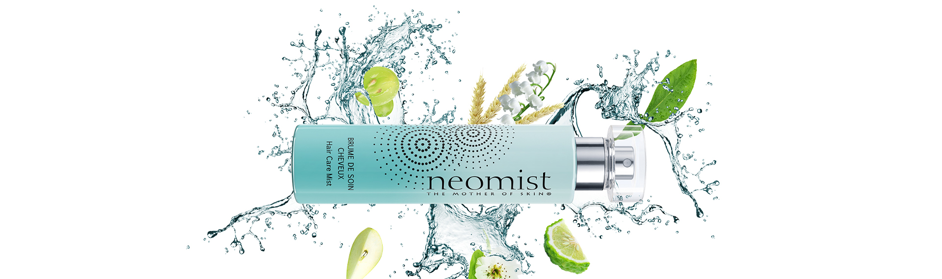 Flacon de la brume cheveux Neomist dans un splash d'eau décorée de citrons verts et de feuilles
